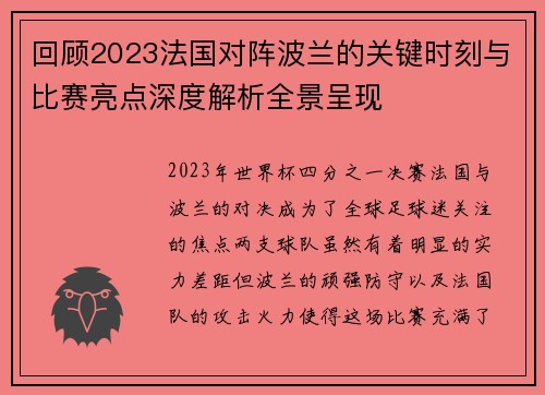 回顾2023法国对阵波兰的关键时刻与比赛亮点深度解析全景呈现